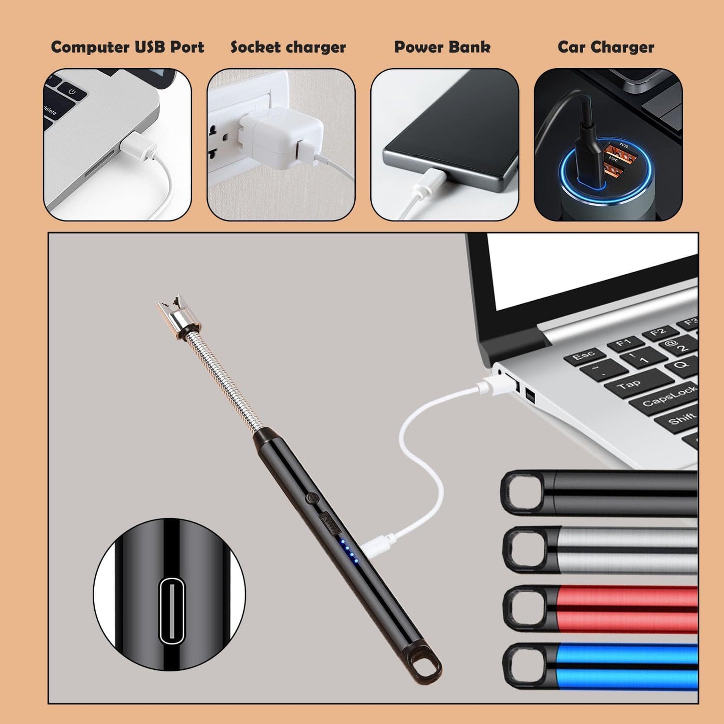 Rechargeable Electric Gas Lighter, with Flexible Neck